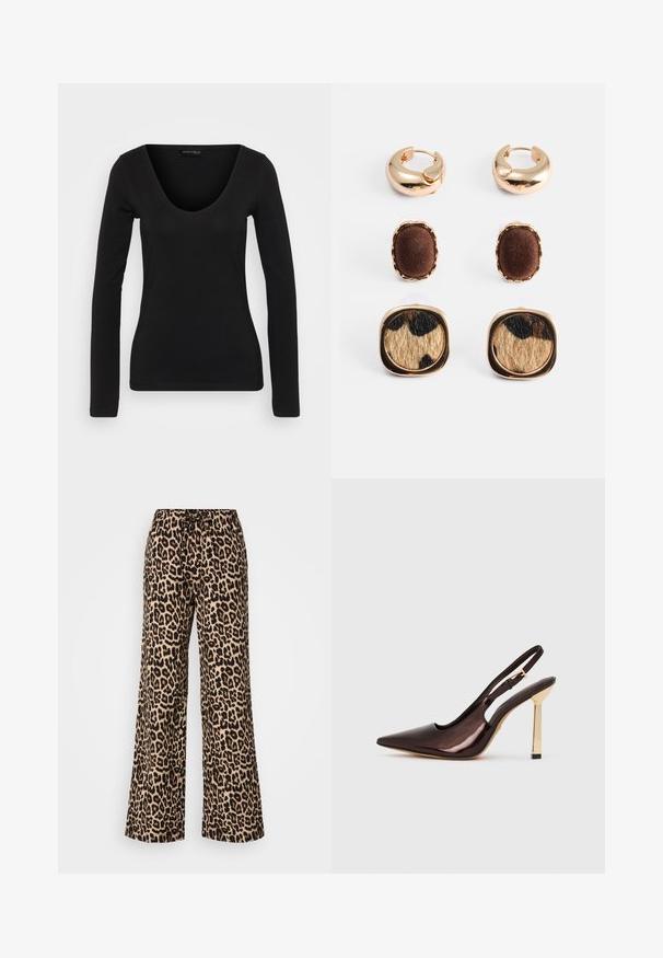 Čierny top s dlhými rukávmi vyrobený z mäkkej tkaniny. Má výstrih do V a priliehavý strih, s hladkou textúrou a minimálnymi detailmi šitia.; Nohavice s leopardím vzorom s voľným strihom, vyrobené z ľahkej tkaniny. Obsahujú elastický pás a šnúrku na stiahnutie pre nastaviteľný komfort.; Hnedé lakované kožené topánky na podpätku so špicatou špičkou a lesklým zlatým kovovým podpätkom na bielom pozadí.; Sada náušníc v zlatej farbe obsahuje dva štýly kruhových náušníc a dva štýly náušníc s klipsom. Jedna náušnica má hnedý textilný akcent, druhá má leopardí vzor.