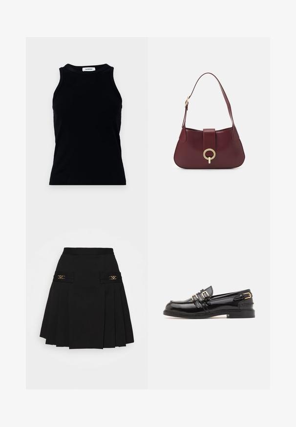 Schwarzes, geripptes Tanktop mit runder Ausschnitt und breiten Schulterträgern. Hat keine Verzierungen oder Muster. Glatte Textur.; Schwarzer gefalteter Rock mit goldenen Hardware-Details. Verfügt über Seitentaschen mit Logo-Details und ist aus glattem Material gefertigt. A-Linien-Silhouette.; sandro Slipper - noir; Burgunderfarbene Lederhandtasche mit geschwungener Form, einem goldenen, runden Hardware-Akzent und einem einzigen Schultergurt. Glatte Textur, minimalistisches Design.