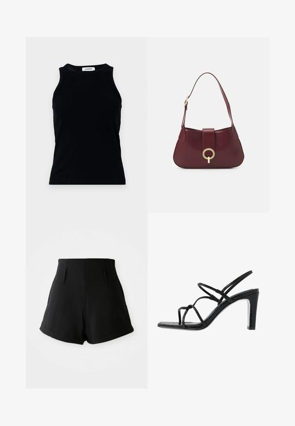 Top a manica lunga nero a costine con scollatura rotonda e spalline larghe. Senza decorazioni o fantasie. Tessuto liscio.; Pantaloni corti neri a vita alta realizzati in tessuto liscio, con due tasche anteriori, una vestibilità sartoriale e linee pulite e semplici.; Sandali neri con tacco alto, dotati di sottili cinturini, finitura testurizzata, punta aperta e un design elegante con tacco affusolato. Presentano una soletta morbida e una superficie lucida.; Borsa a tracolla in pelle borgogna con forma curva, accentuata da un hardware oro circolare e una singola tracolla. Texture liscia, design minimalista.