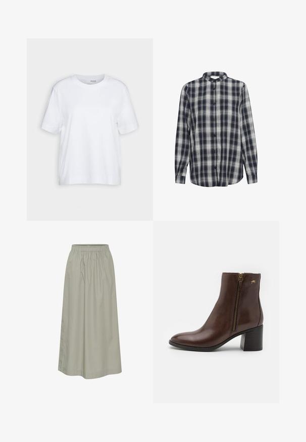 T-shirt blanc à manches courtes, col rond, fabriqué en coton doux et lisse, avec un ourlet droit et des détails minimaux. Design simple et polyvalent.; Chemise à boutons de couleur bleu marine et blanche à carreaux, à manches longues, fabriquée en flanelle, avec un col mandarin et des boutons noirs.; Jupe verte clair, longueur genoux, en tissu doux avec une taille élastique, présentant un design plissé et des détails de couture discrets.; Bottine en cuir marron avec un bout rond, fermeture éclair sur le côté avec du matériel doré, et un talon bloc avec un motif texturé.