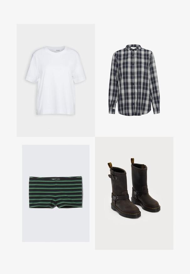 Valkoinen lyhythihainen t-paita, pyöreä kaula-aukko, pehmeästä ja sileästä puuvillakankaasta valmistettu, suora helma ja minimalismi yksityiskohdissa. Yksinkertainen ja monikäyttöinen muotoilu.; Napapaita sinivalkoisessa ruutukuviossa, pitkät hihat, valmistettu flanellimateriaalista, jossa on mandariinikaulus ja mustat napit.; Mustat uimaportit, joissa on vaakasuoria vihreitä raitoja. Mukautuva malli ja joustava vyötärö. Valmistettu joustavasta, sileästä materiaalista.; Tummanruskeat nahkakengät, joissa on keskipolven pituinen muotoilu, keltaiset ompeleet, säädettävät solkihihnat ja vetonauhat ylhäällä. Rapeutettu pinta.