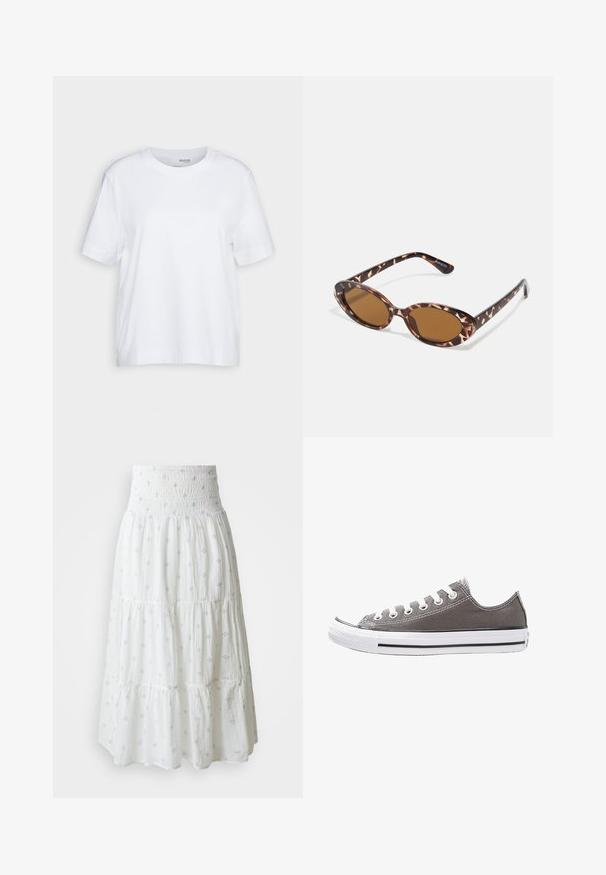 Fehér, rövid ujjú póló, kerek nyakkivágással, puha, sima pamutanyagból készült, egyenes szegéllyel és minimális részletezéssel. Egyszerű és sokoldalú dizájn.; Fehér, tiered szoknya, fodros derékkal és világoskék díszítő mintákkal az egész felületen. Puha, könnyű anyagból készült.; Szürke vászon sneaker fehér gumitalppal, fekete csíkkal és fém fűzőlyukkal. Jellemzője a kerek orr, alacsony toppal rendelkező dizájn és a texturált anyag.; Teknősbéka mintás napszemüveg, ovális lencsékkel, barna árnyalatú, vékony karokkal, amelyek texturált mintával rendelkeznek, könnyű műanyag keret.