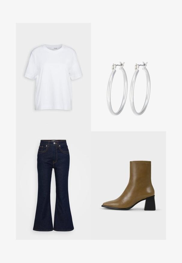 Valge lühikeste varrukatega T-särk, ümmarguse kaelusega, valmistatud pehmest ja sileda puuvillast kangast, sirge äärega ja minimaalsete detailidega. Lihtne ja mitmekülgne disain.; Tumedatest sinistest kõrge vöökohaga teksad koos laienevate jalgadega, eesnupu ja tõmbluku sulgemine ning kontrastne oranž peitel.; Pruun nahast pahkluu saapad terava näpuga, sileda disaini ja tekstureeritud viimistlusega. Omab kontrastselt musta plokk-kanna.; Hõbedased rõngaskõrvarõngad, millel on sile, läikiv viimistlus. Ümmargune kuju ja turvaline klõpsulatus. Kerge disain, sobib igapäevaseks kandmiseks.