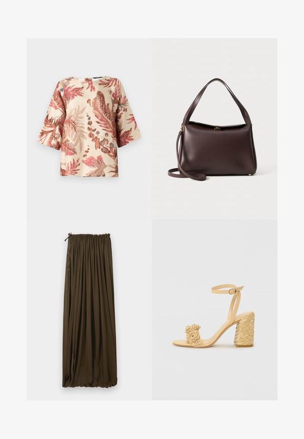 Blúzka s kvetinovým vzorom v svetlej béžovej farbe, so vzormi ružových a hnedých listov, krátkymi rukávmi a okrúhlym výstrihom so zadným zapínaním.; Dlhá, tmavohnedá sukňa vyrobená z ľahkého materiálu s elastickým pásom a skladaním, čo vytvára prúdiaci vzhľad.; Béžové sandále na vysokom podpätku s opletenou textúrou, ozdobené kvetinou a popruhom na členku. Štvorcová päta zvyšuje stabilitu.; Hnedá kožená kabelka so štruktúrovaným tvarom, s jedným horným uchom a odnímateľným ramenným popruhom. Detail v zlatej farbe.