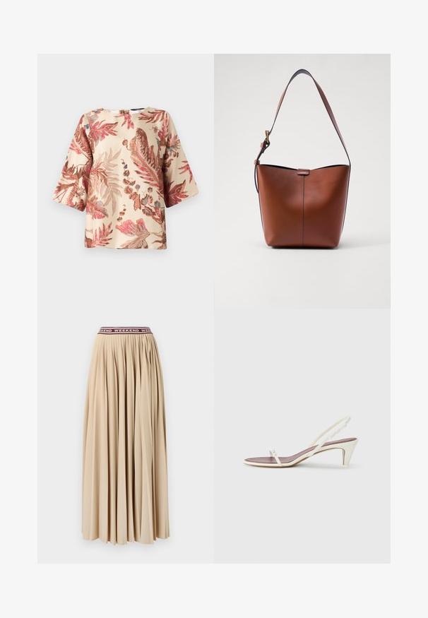 Floral-patterned blouse in light beige, featuring pink and brown leaf designs, short sleeves, and a round neckline with a back closure.; Pleated maxi skirt in soft beige fabric, featuring a maroon elastic waistband with the word "WEEKEND" repeated. No visible fastenings.; White slingback sandals with a slight heel, thin straps, and a smooth leather texture; features a small decorative buckle.; Brown leather shoulder bag with a curved shape, smooth texture, and a single thin strap. Features a subtle seam and a small logo detail.