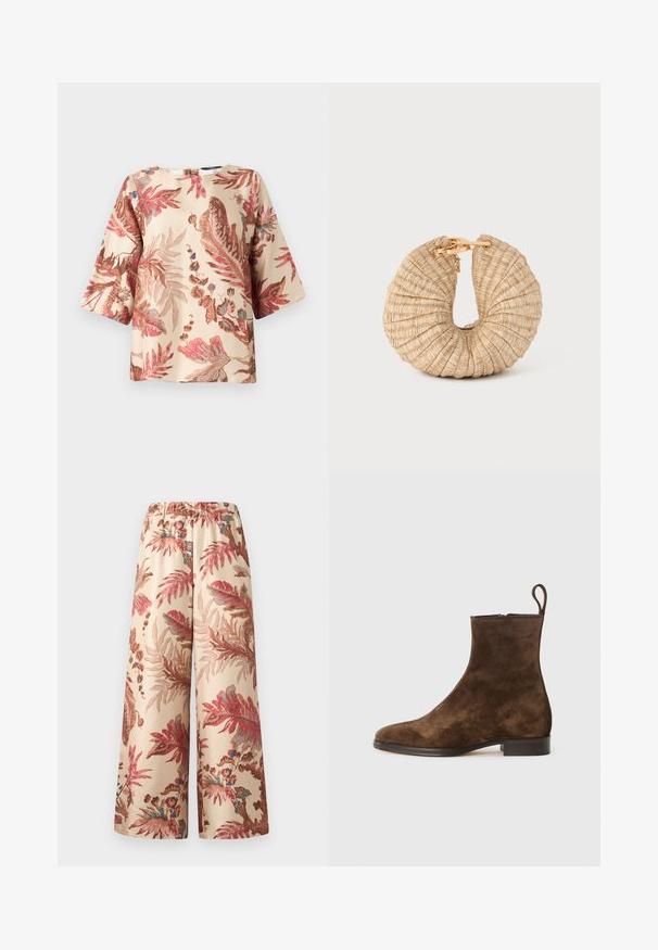 Bloemmotief blouse in licht beige, met roze en bruine bladdesigns, korte mouwen en een ronde hals met een sluiting aan de achterkant.; Wijde broek in een lichtbeige stof, met een bloemenpatroon in roze, rood en blauwe tinten, voorzien van een elastische tailleband.; Bruin suède enkellaarsjes met een gladde afwerking, ronde tenen en een kleine hak. Voorzien van een trekkoord aan de achterkant voor gemakkelijke aan- en uittrekken.; Cult Gaia UBAH - Clutch - wheat