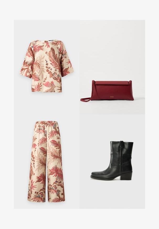 Bluse mit floralem Muster in hellbeige, mit rosa und braunen Blättern, kurzen Ärmeln und einem runden Ausschnitt mit einem Verschluss im Rücken.; Weite Hosen aus einem hellbeigen Stoff, mit einem floralen Muster in Pink-, Rot- und Blautönen, und einem elastischen Bund.; Schwarze Leder-Ankle Boots mit runder Zehenform, Blockabsatz, seitlichem Reißverschluss und gestickten Akzenten auf dem Blatt. Glatte Textur, klassisches Design.; Rote Leder-Clutch mit strukturiertem Finish, ausgestattet mit einem flachen Klappdeckel und einem kurzen Tragegriff. Diskretes Markenlogo auf der Vorderseite.