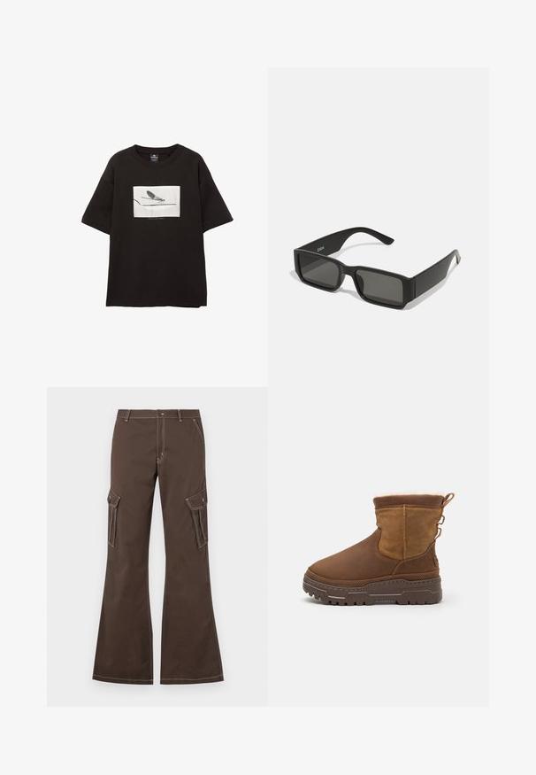 T-shirt nera in cotone con maniche corte, presenta una grafica rettangolare bianca di una mosca su una linea sottile, con un branding minimale sotto l'immagine.; Pantaloni cargo marroni con gambe svasate, dotati di tasche laterali, dettagli in cucitura bianca e chiusura con bottone in metallo.; Stivaletti ankle in suede marrone con un morbido rivestimento in pelliccia, suola in gomma robusta e anelli laterali decorativi per una facile calzata. Finitura testurizzata sulla parte superiore.; Occhiali da sole neri con lenti rettangolari, montatura in plastica opaca e bordi dritti. Presentano il logo del marchio sulla parte interna del braccio.