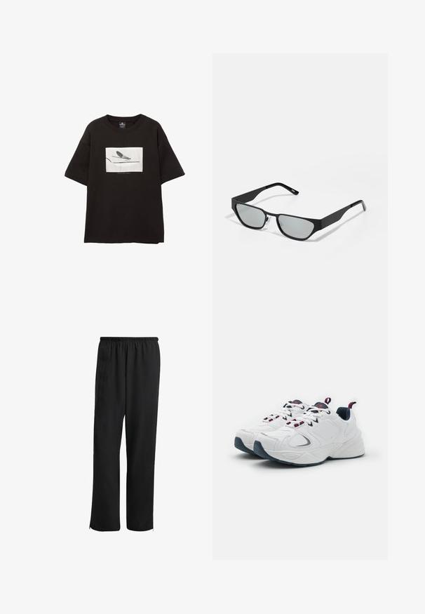 Černé bavlněné tričko s krátkým rukávem, které má bílou obdélníkovou grafiku muňky na tenké lince, minimalistické logo pod obrázkem.; Černé sportovní kalhoty s elastickým pasem, rovnými nohavicemi, bočními kapsami a zipovými manžetami, vyrobené z hladké, lehké látky.; Bílé sportovní boty s námořnickými akcenty, texturovanou kůží a síťovinovými panely, se šňůrkami v mnoha barvách a robustní podešví.; Černé sluneční brýle s obdélníkovými skly, matným povrchem a mírně ostrým tvarem. Mají průhledné nosní podložky a minimalistický design.