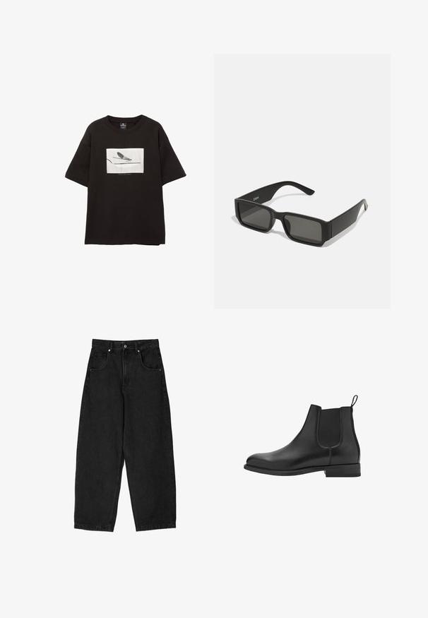 Schwarzes Baumwoll-T-Shirt mit kurzen Ärmeln, hat eine weiße rechteckige Grafik einer Fliege auf einer dünnen Linie, minimale Markierung unter dem Bild.; Schwarze Jeans mit weitem Bein und hoher Taille, ausgestattet mit fünf Taschen, einem Reißverschluss und einem Metallknopfverschluss. Glatte Textur, minimales Design.; Schwarze Leder Chelsea-Stiefel mit elastischen Seitenpaneelen, runder Spitze und niedrigem Blockabsatz. Glatte Textur und sauberes, minimalistisches Design.; Schwarze Sonnenbrille mit rechteckigen Gläsern, mattem Kunststoffrahmen und geraden Kanten. Verfügt über das Markenlogo auf dem inneren Bügel.