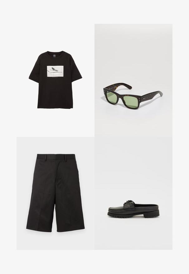 Schwarzes Baumwoll-T-Shirt mit kurzen Ärmeln, hat eine weiße rechteckige Grafik einer Fliege auf einer dünnen Linie, minimale Markierung unter dem Bild.; Schwarze Shorts mit maßgeschneidertem Design, aus glattem Stoff gefertigt, mit flachem Frontbereich, Gürtelschlaufen und geraden, knöchellangen Beinen.; Schwarzer Leder-Schlüpfschuh mit Schnürdetails, abgerundeter Zehenpartie und strukturiertem Sohle. Verfügt über einen leicht erhöhten Absatz und eine glatte Oberfläche.; Braune Schildpatt-Sonnenbrillen mit grünen Linsen, quadratischer Form und Metallakzenten. Mit Logo auf dem linken Bügel. Mattes Finish.