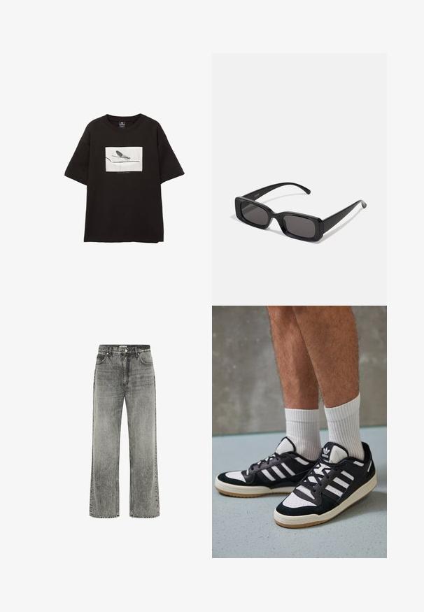 Zwarte katoenen T-shirt met korte mouwen, met een witte rechthoekige afbeelding van een vlieg op een dunne lijn, minimale branding onder het beeld.; Grijze wijde jeans gemaakt van denim met een vervaagde afwerking. Voorzien van voorzakken, riemlussen en een ritssluiting met knoopsluiting.; Zwart-witte sneakers met een bovenwerk van suede en leer, voorzien van drie witte strepen, een geperforeerde neus en een rubberen gumzool.; Zwarte rechthoekige zonnebril met donkere lenzen, glanzende afwerking, brede pootjes en een robuust frameontwerp. Gegraveerde merknaam op één van de pootjes.