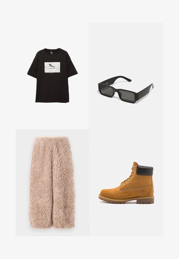 Black cotton t-shirt with short sleeves, features a white rectangular graphic of a fly on a thin line, minimal branding below the image.; Han Kjøbenhavn Tracksuit bottoms - khaki beige; Tan suede ankle boot with black padded collar, gold metal eyelets, white stitching detailing, and rugged rubber sole with pronounced treads.; Black sunglasses with rectangular lenses, matte plastic frame, and straight edges. Features brand logo on the inner arm.