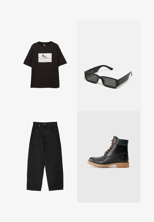 Crna pamučna majica kratkih rukava, sadrži bijeli pravokutni grafički prikaz muhe na tankoj liniji, minimalno brendiranje ispod slike.; Crne traperice širokih nogavica s visokim strukom, sadrže pet džepova, zatvarač i metalnu dugmad. Glatka tekstura, minimalno detaljisanje.; Crna kožna gležnjača s smešnim vezicama, podstavljeni zeleni ovratnik i svijetlosmeđa gumena potplate s dubokim šarama, bočni prikaz na bijeloj pozadini.; Crne sunčane naočale s pravokutnim lećama, okvirom od mat plastike i ravnim rubovima. Sadrži logo branda na unutarnjoj strani drške.