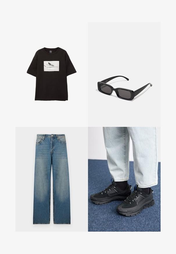 Fekete pamut póló rövid ujjakkal, fehér téglalap alakú grafikus mintával egy légyről vékony vonalon, minimalista logóval a kép alatt.; Világoskék, bő szárú farmernadrág, magas derékkal, öt zsebes kialakítással és elhalványult részekkel a vintage megjelenésért.; Fekete sportcipők texturált anyaggal és gumitalppal, elasztikus fűzőkkel és kék kiegészítővel a saroknál. Világos farmernadrággal viselve.; Fekete, téglalap alakú napszemüveg sötét lencsékkel, fényes felülettel, széles szárakkal és masszív keret designnal. Az egyik szárra gravírozott márkanevével.