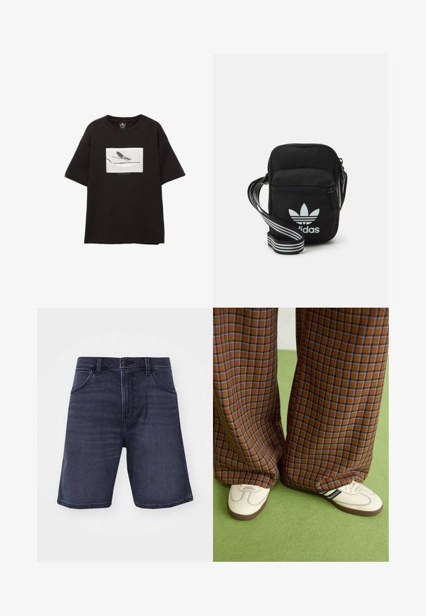 Fekete pamut póló rövid ujjakkal, fehér téglalap alakú grafikus mintával egy légyről vékony vonalon, minimalista logóval a kép alatt.; Sötét indigókék, egyenes szabású farmer rövidnadrág, öt zsebbel és gombos záródással. Finom kopás és varrási részletek jellemzik.; Barna és kék kockás, bőrt lábú nadrág, fehér cipővel, fekete részletekkel és texturált talppal, zöld háttér előtt.; Fekete anyagú, keresztpántos táska cipzáras záródással, fehér Adidas logóval és csíkos állítható pánttal a könnyű hordozás érdekében.