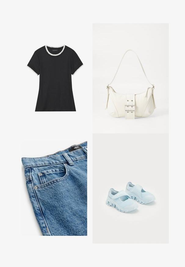 Schwarzes T-Shirt mit gerippter Textur, rundem Halsauschnitt mit weißen gewellten Abschlüssen und kurzen Ärmeln mit passenden gewellten Akzenten.; Denimjeans in einem mittleren Blau mit einer verblassten Textur. Merkmale sind fünf Taschen, Kupfennieten und gestickte Details entlang der Nähte.; Helle blaue Sneaker aus Mesh-Stoff, mit auffälligen Ausschnitten in der Sohle und einem Klettverschlussriemen oben für einen sicheren Sitz.; Weiße Schultertasche mit texturierter Oberfläche, zentralem Schnallenakzent und geschwungener Form. Reißverschluss an beiden Seiten.