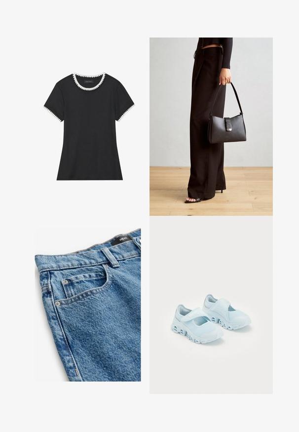 Schwarzes T-Shirt mit gerippter Textur, rundem Halsauschnitt mit weißen gewellten Abschlüssen und kurzen Ärmeln mit passenden gewellten Akzenten.; Denimjeans in einem mittleren Blau mit einer verblassten Textur. Merkmale sind fünf Taschen, Kupfennieten und gestickte Details entlang der Nähte.; Helle blaue Sneaker aus Mesh-Stoff, mit auffälligen Ausschnitten in der Sohle und einem Klettverschlussriemen oben für einen sicheren Sitz.; Schwarze Handtasche mit strukturierter Form, glatter Textur und einem metallischen Verschluss. Kombiniert mit weiten schwarzen Hosen und offenen Sandalen auf einem Holzboden.