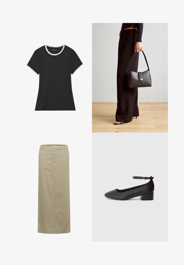 Zwarte T-shirt met geribbelde structuur, ronde halslijn met witte golvende rand, en korte mouwen met bijpassende golvende accenten.; Beige linnen midi rok met een platte tailleband, zijzakken en een rechte silhouet. De rok heeft minimale stiksels en geen zichtbare hardware.; Zwarte leren pump met een spitse neus en een lage blokhak. Beschikt over een enkelband met een goudkleurige gespsluiting. Gladde textuur.; Zwarte handtas met gestructureerde vorm, gladde textuur en een metalen sluiting. Gecombineerd met brede zwarte broeken en sandalen met open teen op een houten vloer.