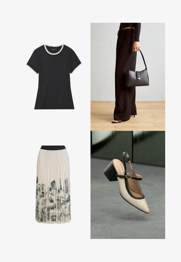 Črna majica s teksturo roma, okroglim izrezom, ki ima belo valovito obrobo, in kratkimi rokavi z ustreznimi valovitimi detajli.; Fald v kremni barvi z črnim pasom, ki vsebuje podrobno arhitekturno risbo v črni barvi, ki poudarja različne zasnove stavb.; Bežna slingback čevlja z uskim sprednjim delom, črnimi detajli, zlatim zaponko in debelim blokovskim peto na sivi tleh s temno zeleno ozadje.; Črna torbica z strukturirano obliko, gladko teksturo in kovinskim zaponko. Ujemajo se z širokimi črnimi hlačami in odprtimi sandali na lesenem tleh.