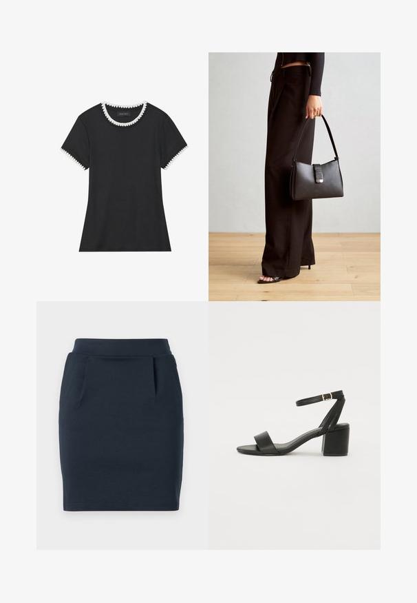 Melnā T-kreklā ar ribotu tekstūru, apaļa kakla izgriezums ar baltu viļņotu apdari un īsas piedurknes ar atbilstošu viļņotu akcentu.; Tums zila stiepšanās džersija svārki ar pieguļošu siluetu, kas ir aprīkoti ar gludu jostas uzņēmumu un divām priekšējām kabatām.; Melnas papēžu sērijas sandales ar gludu ādas virsmojumu, atvērtu pirkstu, platām priekšējām siksnām un regulējamu potītes siksnu ar zelta sprādzi.; Melnā somiņa ar strukturētu formu, gludu tekstūru un metālu sprādzi. Saskaņota ar platām melnām biksēm un sandālēm ar atvērtu purngalu uz koka grīdas.