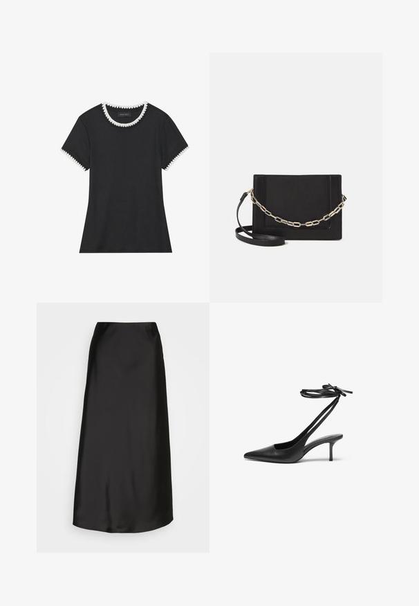 Schwarzes T-Shirt mit gerippter Textur, rundem Halsauschnitt mit weißen gewellten Abschlüssen und kurzen Ärmeln mit passenden gewellten Akzenten.; Schwarzer Satin-Midi-Rock mit glatter Textur, A-Linien-Form und dezentem Glanz. Verfügt über ein elegantes, unkompliziertes Design ohne Verzierungen.; Schwarzer Leder-Stiletto mit spitzem Zehenbereich, offenem Fersenbereich und mit einer Schleife gebundenen Knöchelriemen. Schlanker 3-Zoll-Absatz. Glatte Textur, minimalistisches Design.; Schwarze Leder-Crossbody-Tasche mit glatter Textur, rechteckiger Form und metallic-kettendetail auf der Vorderseite. Verstellbarer Gurt inklusive.