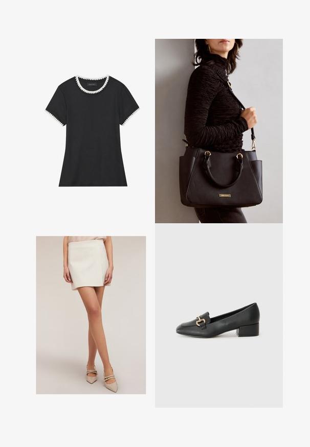 Camiseta negra con textura acanalada, cuello redondo con borde en forma de ola blanco, y mangas cortas con detalles a juego en forma de ola.; Mini falda blanca de corte recto, con líneas limpias y una textura suave. Combinada con zapatos beige de punta puntiaguda con dos tiras alrededor del tobillo.; Mocasines de cuero negro con tacón plano, que cuentan con un detalle decorativo de hardware dorado en la parte frontal y una textura suave.; Bolso negro con superficie texturizada, doble asa superior y correa para hombro ajustable. Presenta herrajes en tono dorado y bolsillos laterales.