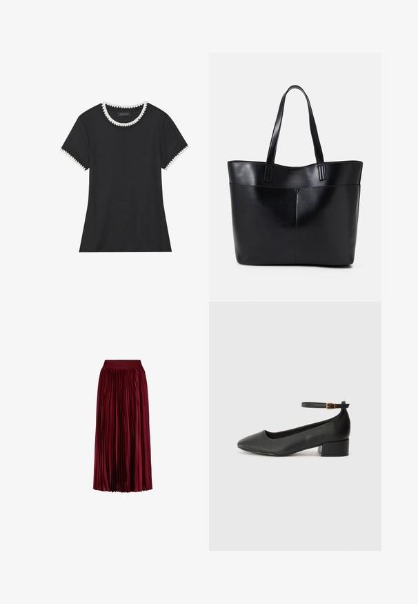 Black t-shirt with ribbed texture, round neckline featuring white scalloped trim, and short sleeves with matching scalloped accents.; Burgundy pleated midi skirt with elastic waistband featuring subtle embossed brand name.; Black leather pump with a pointed toe and a low block heel. Features an ankle strap with a gold-tone buckle. Smooth texture.; Black leather tote bag with two long handles, a smooth texture, and a structured shape. Features a front pocket for additional storage.
