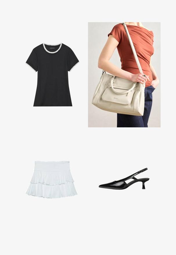 Crna majica s rebrastom teksturom, okruglim dekolteom s bijelim valovitim obrubom i kratkim rukavima s odgovarajućim valovitim detaljima.; Bijela suknja s više slojeva izrađena od mekog, laganog materijala. Ima elastičnu struk i lepršave volane koji stvaraju volumen i pokret.; Crne lakirane natikače na remenčić sa špicastim nosom, dizajnom sa izrezima sa strane i malim kvadratnim potplatom. Glatka tekstura s minimalnim akcentima.; Bijela kožna torba s dvije ručke i odvojivim remenom, s prednjim zatvornim džepom i glatkom teksturom. Drži se na ruci osobe.