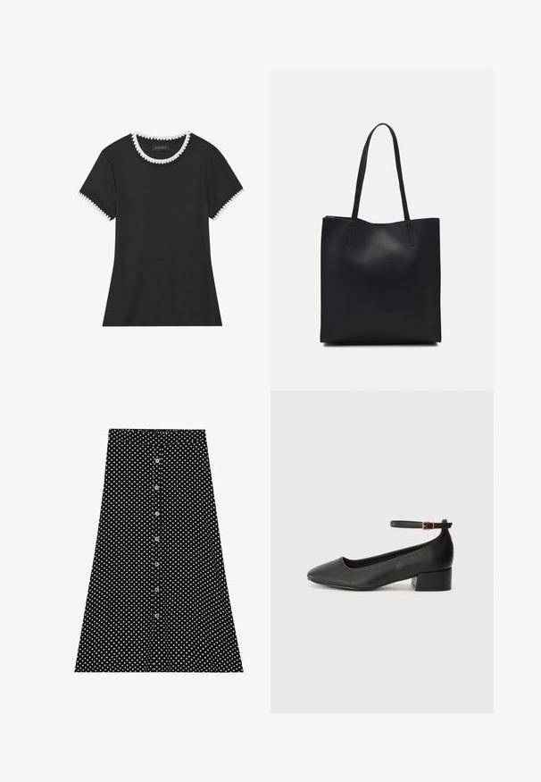 Melnā T-kreklā ar ribotu tekstūru, apaļa kakla izgriezums ar baltu viļņotu apdari un īsas piedurknes ar atbilstošu viļņotu akcentu.; Melna svārku garums ar baltām punktiņām, ar pogām priekšā, izplūdušu dizainu un elastīgu jostasvietu. Gluda auduma tekstūra.; Melnas ādas sūkņi ar smailu purngalu un zemu bloku papēdi. Iezīmēts ar potītes siksniņu ar zelta krāsas sprādzi. Gluda tekstūra.; Melnas ādas somiņa ar gludu tekstūru, taisnstūra formu un divām garām rokturiem. Nav redzamu aparatūras vai rotājumu.