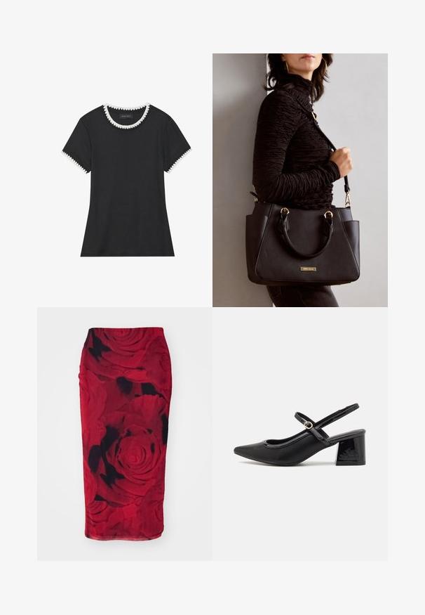 Črna majica s teksturo roma, okroglim izrezom, ki ima belo valovito obrobo, in kratkimi rokavi z ustreznimi valovitimi detajli.; Rdeča svila krilo iz raztegljivega materiala, ki prikazuje cvetlični vzorec vrtnic v različnih odtenkih rdeče in črne barve, z gladko teksturo.; Črne patentne usnjene salonarce s slingback obliko, s koničastim nosom, zaobljenim izrezom in blok peto. Imajo zlato kovinsko zaponko kot dodatno okrasje.; Črna torbica z teksturirano površino, z dvema zgornjima ročajema in nastavljivim ramenskim pasom. Ima zlatovrateče dodatke in stranske žepe.