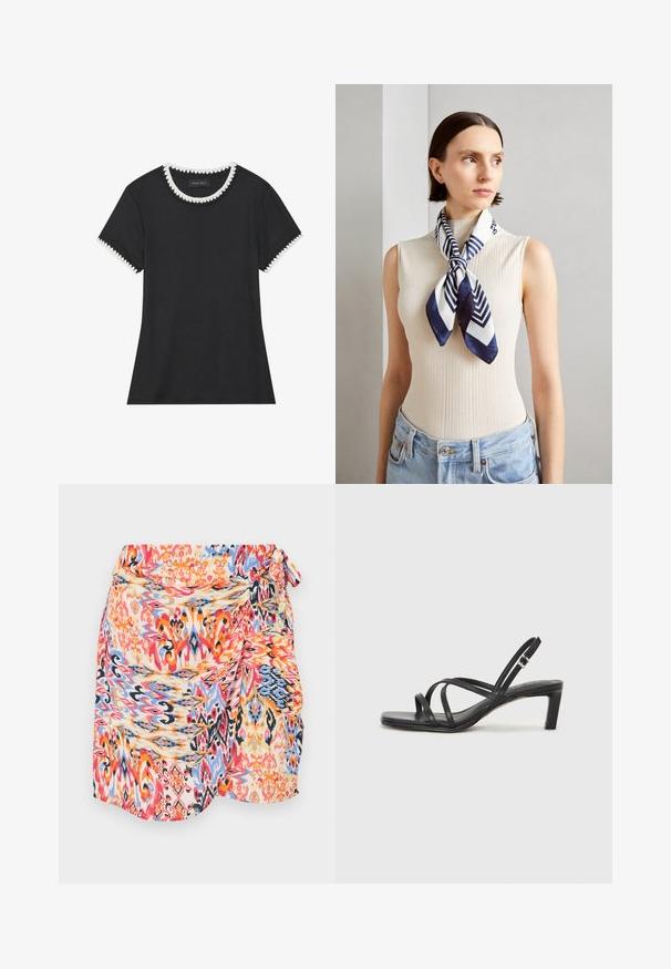 Black t-shirt with ribbed texture, round neckline featuring white scalloped trim, and short sleeves with matching scalloped accents.; Colorful, patterned wrap skirt featuring swirling designs in red, blue, orange, and yellow with a side tie and soft, lightweight fabric.; Black strappy sandal with a square toe and a low block heel. Features multiple thin straps and an adjustable ankle strap. Made of smooth leather.; Silk scarf in navy blue and white with a geometric zigzag pattern. Smooth texture, tied neatly around the neck, complementing a ribbed top.; Black leather crossbody bag featuring a smooth texture, rectangular shape, and a metallic chain detail on the front. Adjustable strap included.