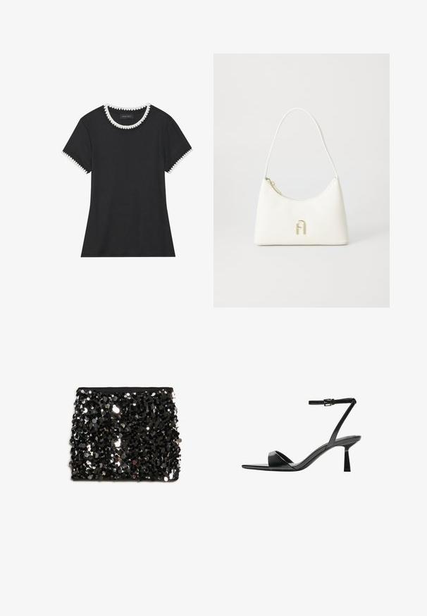 Schwarzes T-Shirt mit gerippter Textur, rundem Halsauschnitt mit weißen gewellten Abschlüssen und kurzen Ärmeln mit passenden gewellten Akzenten.; Superdry & Co SEQUIN DISC - Minirock - silver black sequin; Bershka High Heel Sandalette - black; Weiße Handtasche mit einer geschwungenen Form und glatter Textur. Merkmale eines goldfarbenen Logoakzents und eines Reißverschlusses. Verstellbarer Schulterriemen.