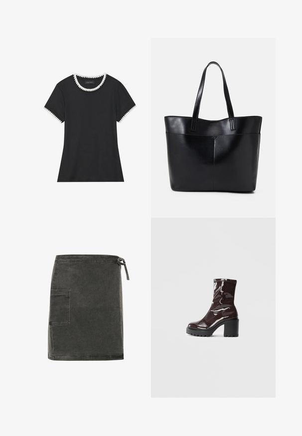 T-shirt noir avec texture côtelée, encolure ronde ornée de bordure festonnée blanche, et manches courtes avec accents festonnés assortis.; Jupe en denim gris à coupe droite, avec poche latérale et fermeture à lien ajustable à la taille. Présente une texture douce et un design minimaliste.; Bottines bordeaux brillantes à talon épais noir, avec une texture lisse et un design simple. Aucune fermeture visible ni motifs.; Sac fourre-tout en cuir noir avec deux longues poignées, une texture lisse et une forme structurée. Dispose d'une poche avant pour un rangement supplémentaire.