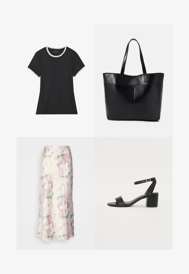 T-shirt noir avec texture côtelée, encolure ronde ornée de bordure festonnée blanche, et manches courtes avec accents festonnés assortis.; Jupe midi florale en tissu léger, dotée d'un imprimé aquarelle aux couleurs pastel, avec un design fluide et un léger éclat.; Sandale à talons noirs avec un dessus en cuir lisse, une ouverture à l'avant, de larges brides avant et une bride de cheville ajustable avec une boucle dorée.; Sac fourre-tout en cuir noir avec deux longues poignées, une texture lisse et une forme structurée. Dispose d'une poche avant pour un rangement supplémentaire.