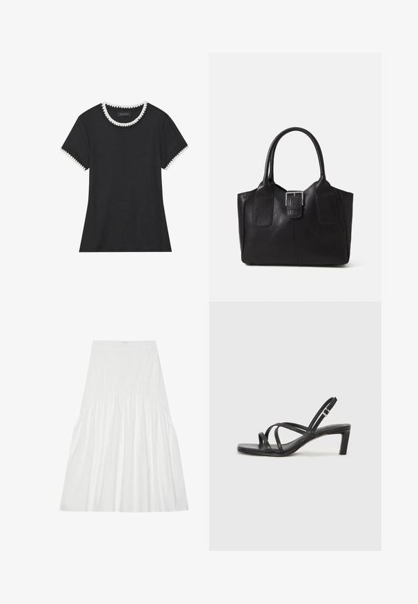 Melnā T-kreklā ar ribotu tekstūru, apaļa kakla izgriezums ar baltu viļņotu apdari un īsas piedurknes ar atbilstošu viļņotu akcentu.; Balta kokvilnas svārku bikses līdz ceļiem. Iezīmējas ar savilkumu jostas daļā, gludu tekstūru un vienkāršu, klasisku A-veida siluetu.; Melnas strappy sandales ar kvadrātveida purngaliem un zemu bloku papēdi. Ievērojamas ar vairākiem plāniem siksniņām un regulējamu potītes siksniņu. Izgatavotas no gludas ādas.; Melnas ādas somiņa ar gludu tekstūru, strukturētu formu, divām rokturām un izteiktu sudraba sprādzi priekšpusē.