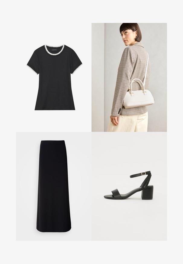 T-shirt noir avec texture côtelée, encolure ronde ornée de bordure festonnée blanche, et manches courtes avec accents festonnés assortis.; Jupe noire longue en tissu lisse avec une silhouette droite. Présente un design simple et sans ornements, sans motifs ni embellissements visibles.; Sandale à talons noirs avec un dessus en cuir lisse, une ouverture à l'avant, de larges brides avant et une bride de cheville ajustable avec une boucle dorée.; Sac à main structuré blanc avec de courtes poignées et une bandoulière, doté de accents en métal doré et d'un matériau texturé, présenté sur un fond gris.