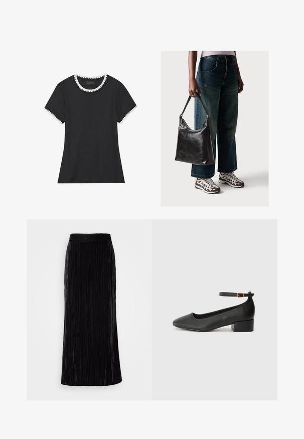 Sort t-shirt med ribbet tekstur, rund halsudskæring med hvidt bølget kantbånd, og korte ærmer med matchende bølgede detaljer.; Lang sort fløjl maxi nederdel med vertikale plisseringer og en bølget blonde talje. Stoffet har et blødt, tekstureret udseende.; Sorte læderpumper med spids tå og en lav blokhæl. Har en ankelrem med en guldfarvet spænde. Glat tekstur.; Sort læder skuldertaske med en glat tekstur og justerbar skulderrem, parret med faded brede bukser og atletiske sneakers.