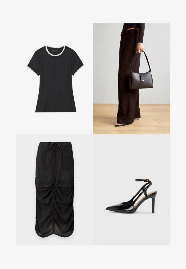T-shirt noir avec texture côtelée, encolure ronde ornée de bordure festonnée blanche, et manches courtes avec accents festonnés assortis.; Jupe noire en tissu léger. Présente des détails froncés, deux poches avant et une taille avec cordon de serrage pour un ajustement optimal.; Escarpin en cuir verni noir à talon haut, avec un bout pointu, une bride réglable à la cheville et des côtés ouverts. Texture lisse.; Sac à main noir à la forme structurée, texture lisse et fermoir métallique. Associé à un pantalon noir ample et des sandales ouvertes sur un sol en bois.