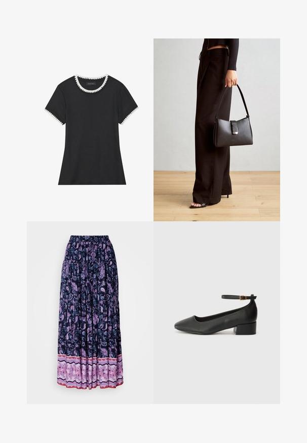 Black t-shirt with ribbed texture, round neckline featuring white scalloped trim, and short sleeves with matching scalloped accents.; Maxi skirt in navy with elaborate purple paisley pattern; elastic waistband and layered hem with contrasting floral fabric at the bottom.; Black leather pump with a pointed toe and a low block heel. Features an ankle strap with a gold-tone buckle. Smooth texture.; Black handbag with structured shape, smooth texture, and a metallic clasp. Paired with wide black pants and open-toe sandals on wooden floor.