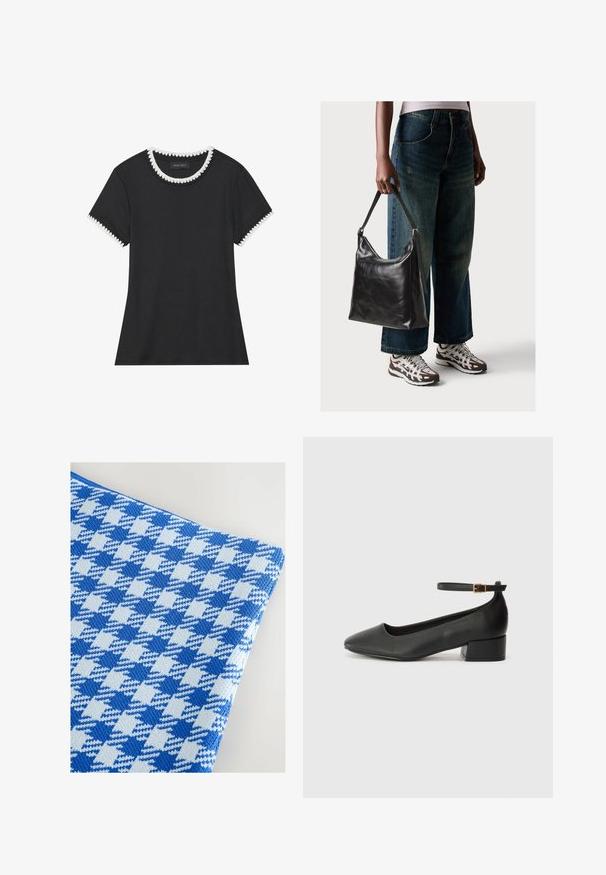 Mustat T-paita ribbaavalla tekstuurilla, pyöreä kaula-aukko, jossa on valkoiset aaltoilevat yksityiskohdat, ja lyhyet hihat, joissa on vastaavat aaltoilevat koristelut.; Sininen ja vaaleansininen houndstooth-kuvioitu kangas, jossa on teksturoitu neulekuvio, joka tarjoaa sileän pinnan ja pehmeän ulkonäön.; Mustat nahkakengät, joissa on terävä kärki ja matala lohkare korko. Varustettu nilkkahihnalla, jossa on kultasävyinen solki. Lisää sileä pinta.; Musta nahkainen olkalaukku, jossa on sileä pinta ja säädettävä hihna, yhdistettynä haalistuneisiin leveälahkeisiin farkkuihin ja urheilukenkien kanssa.