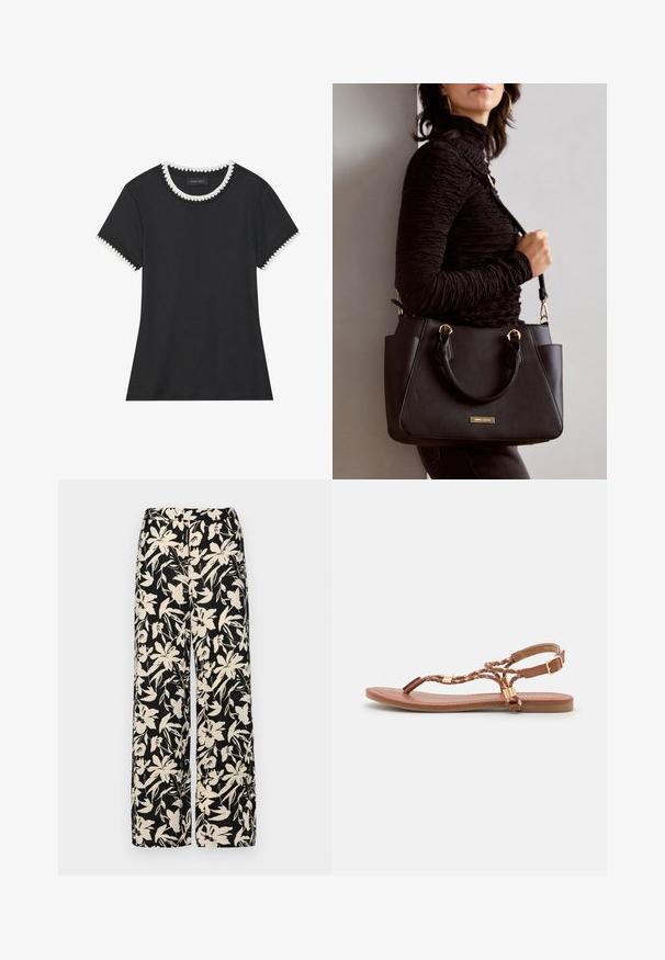 Černé tričko s ribovanou strukturou, kulatým výstřihem zdobeným bílým vroubkovaným lemem a krátkými rukávy s odpovídajícími vroubkovanými detaily.; Černé kalhoty s širokými nohavicemi a krémovým květinovým vzorem. Vyrobené z lehké tkaniny, s hladkým povrchem a vysokým pasem.; Hnědé kožené ploché sandály s pleteným designem, tenkými pásky, zlatými kovovými doplňky a pohodlnou podešví. Styl s otevřenou špičkou.; Černá kabelka s texturovaným povrchem, dvojitými horními uchy a nastavitelným ramenním popruhem. Obsahuje zlaté kovové prvky a boční kapsy.