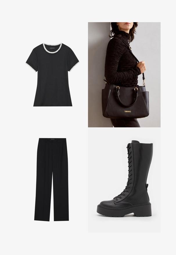 Zwarte T-shirt met geribbelde structuur, ronde halslijn met witte golvende rand, en korte mouwen met bijpassende golvende accenten.; Zwarte broeken met een rechte pijpontwerp, voorzien van twee voorkanten zakken en een tailleband. Gemaakt van een gladde, lichte stof.; Zwarte kniehoog laarzen met veter, voorzien van een chunky platformzool, een gladde leren afwerking en verstevigde stiksels langs de naden.; Zwarte handtas met gestructureerd oppervlak, dubbele bovenhandvatten en verstelbare schouderriem. Voorzien van goudkleurige hardware en zijzakken.
