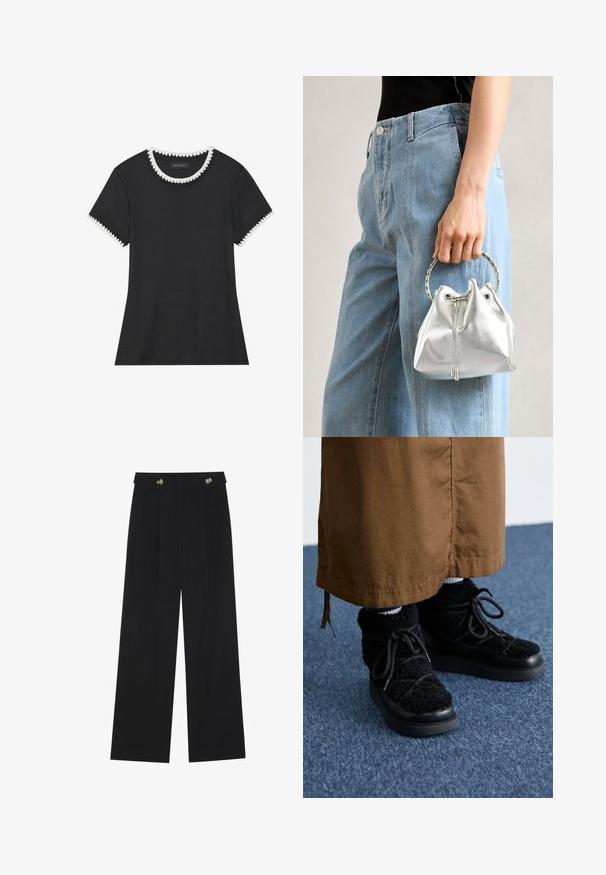 Fekete póló bordázott textúrával, kerek nyakkivágással, fehér csipkeszegéllyel, és rövid ujjakkal, amelyek harmonizáló csipkeszegéllyel készültek.; Fekete, bő szárú nadrág magas derékkal, gombos részletekkel a derékrészen és elülső pliszékkal.; Fekete bolyhos sportcipők, platform talppal, fűzőkkel, puha tapintással és lekerekített orral. Barna anyaggal párosítva az alján.; Fémes ezüst színű vödör táska, texturált felülettel, ezüst kerek füllel és húzózárral, világoskék farmer mellett tartva.
