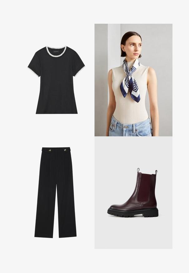 Musthave musta T-särk, millel on soonikkoes, ümmargune kaelus valgete laineliste äärtega ja lühikesed varrukad sama laineliste detailidega.; Mustad laiad püksid kõrge vöökoha ja nööpdetailidega vööandil, esikortsudega.; Burgundia nahast Chelsea saapad elastsete külgpaneelidega, tekstureeritud must kummitald ja tõmbenöörid mugavaks selga panemiseks.; Soehkle riidekaela sinine ja valge siidist sall, millel on geomeetriline zigzag muster. Sile tekstuur, kenasti kaela seotud, täiendab ribapinda.; Mustgamma nahast kott, millel on sile tekstuur, struktureeritud kuju, kaks käepidet ja esiküljel silmapaistev hõbedane pandla detail.