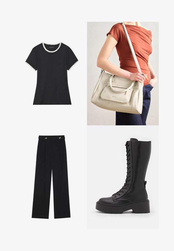 Sort t-shirt med ribbet tekstur, rund halsudskæring med hvidt bølget kantbånd, og korte ærmer med matchende bølgede detaljer.; Sorte vide bukser med høj talje, knapdetaljer på taljebåndet og frontfald.; Sorte knæhøje snørestøvler med en chunky platformsål, glat læderfinish og forstærket syning langs sømmene.; Hvid lædertaske med dobbelte hanke og en aftagelig skulderrem, der har en lynlåslomme foran og en glat overflade. Bæres på en persons arm.