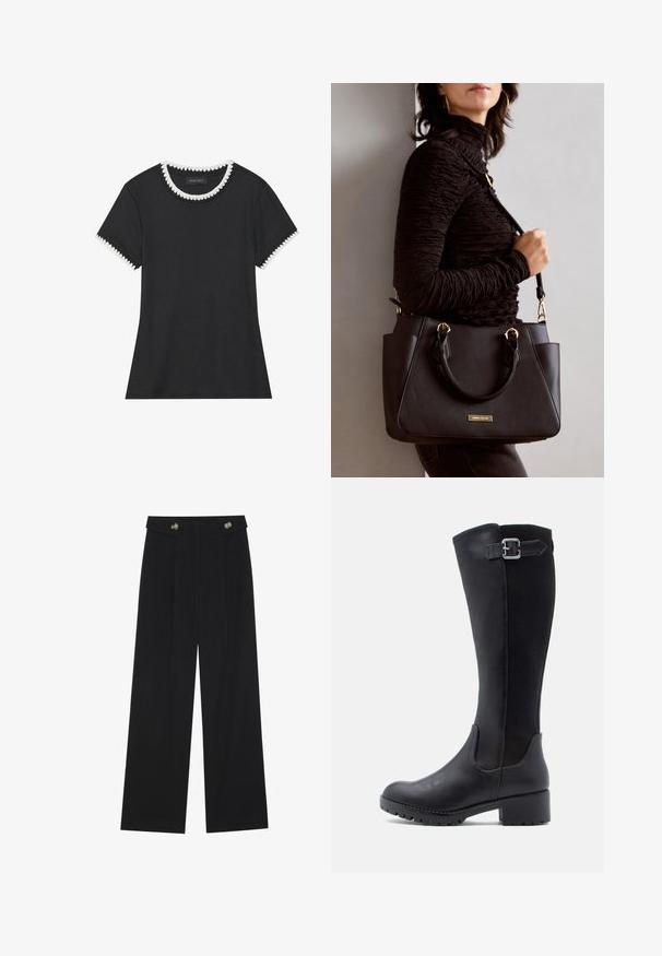 Crna majica s rebrastom teksturom, okruglim dekolteom s bijelim valovitim obrubom i kratkim rukavima s odgovarajućim valovitim detaljima.; Crne hlače širokih nogavica s visokim strukom, s dugmadi na pojasu i prednjim nabora.; Crne čizme do koljena s glatkom kožnom prednjom stranom, mrežastim panelima i niskim blok petom s trakama i detaljima kopče.; Crna torba s teksturiranom površinom, dvostrukim gornjim ručkama i podesivom remenom za rame. Ima zlatne metalne detalje i bočne džepove.