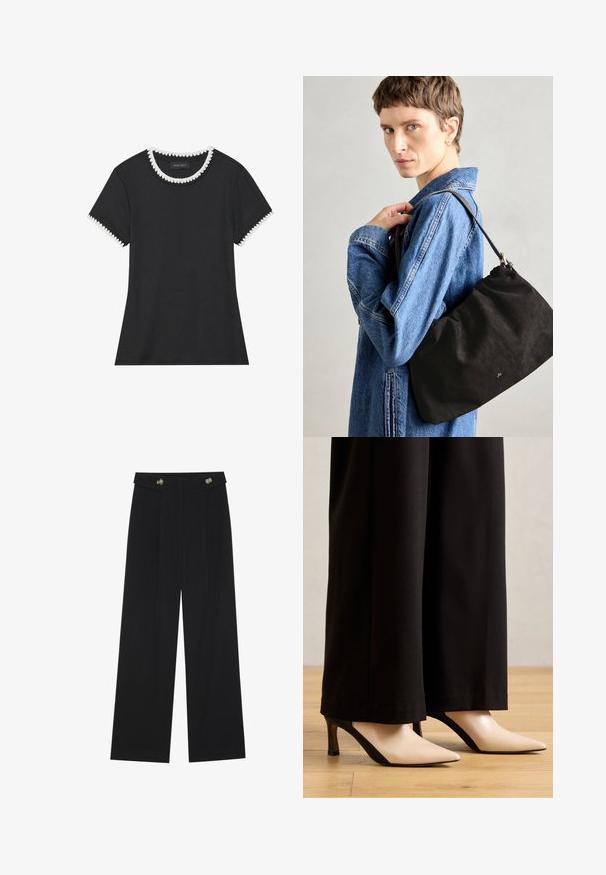 Czarna koszulka z prążkowaną fakturą, okrągłym dekoltem ozdobionym białą falbaną oraz krótkimi rękawami z dopasowanymi akcentami w formie falbanek.; Czarne szerokie spodnie z wysokim stanem, z detalami w postaci guzików na pasku oraz plisami z przodu.; Beżowe i czarne szpilki z ostrym noskiem o eleganckim designie, z kontrastowym blokiem kolorów i małym, solidnym obcasem.; Czarna, zamszowa torebka o miękkim, strukturalnym kształcie, z cienkim skórzanym paskiem i subtelnym logo marki. Modelka nosi dżinsową kurtkę.