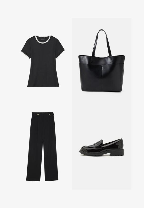 Mustat T-paita ribbaavalla tekstuurilla, pyöreä kaula-aukko, jossa on valkoiset aaltoilevat yksityiskohdat, ja lyhyet hihat, joissa on vastaavat aaltoilevat koristelut.; Mustat leveälahkeiset housut, joissa on korkea vyötärö, napit vyötärönauhassa ja etupuolella laskokset.; Mustat kiiltävät nahkalootat, joissa on pyöreä kärki, koristeellinen hihna jalkapöydällä ja paksu kumipohja, jossa on kuviointi.; Musta nahkainen kassi, jossa on kaksi pitkää kahvaa, sileä pinta ja jämäkkä muoto. Sisältää etutaskun lisävarastointia varten.