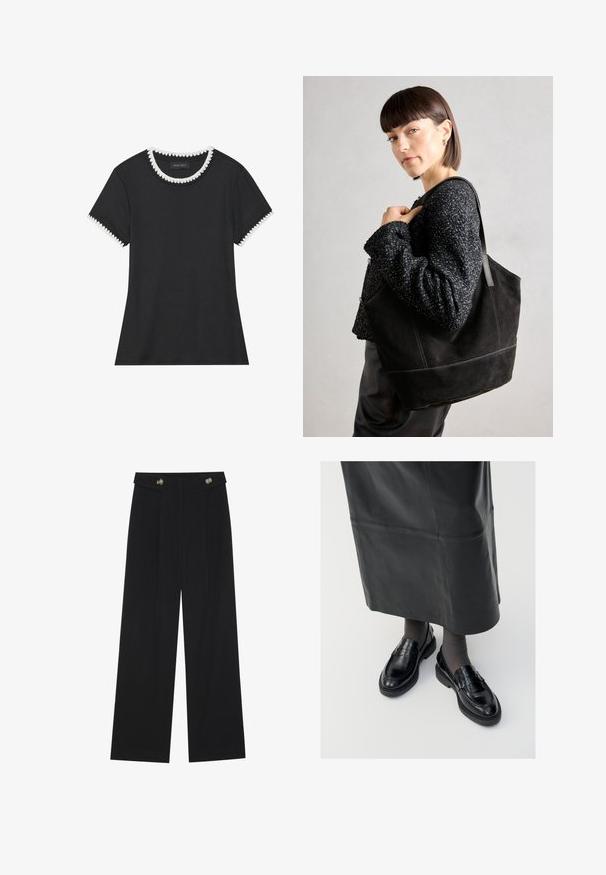 Black t-shirt with ribbed texture, round neckline featuring white scalloped trim, and short sleeves with matching scalloped accents.; Black wide-leg trousers with high waist, button details on waistband, and front pleats.; Black leather loafers with a smooth finish, featuring a decorative strap, round toe, and textured sole. Worn with a long black leather skirt.; Black suede tote bag with a smooth texture, structured shape, and contrasting stitching. Features long straps for shoulder carry.